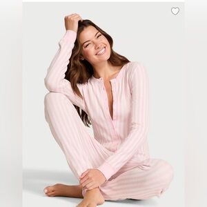 Pink Striped Women's Thermal Henley Long Onesie